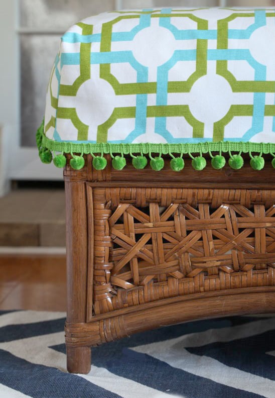 DIY green and teal cushion cover on rattan ottoman