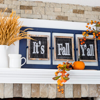 Fall mantel decorating idea using a window sash and small chalkboards that sat It's Fall Y'all