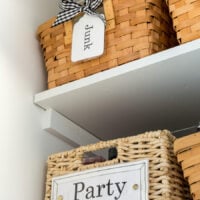 Organizing small items inside closet in basket with free printable labels