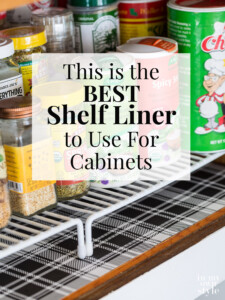 Cut to fit decorative shelf liner paper made using wipeable gift wrap. I used black and white plaid. Text overlay says This is the Best Shelf Liner to Use for Cabinets