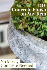 Close up shot of planter made over to look like aged concrete. Text overlay says DIY Concrete finish on any item. No messy concrete needed.