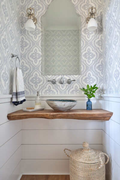 Bathroom vanity made with raw edge wood.