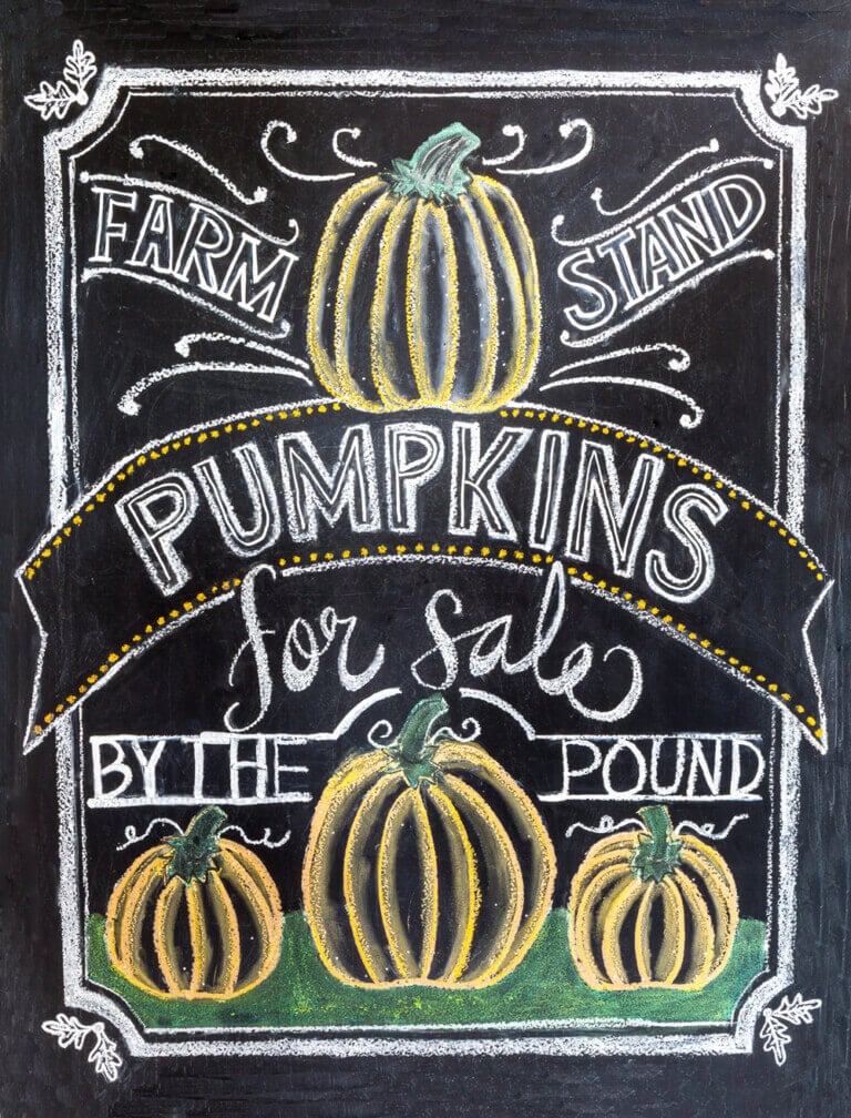 Chalkboard art for fall. Free printable with pumpkins - farm fresh pumpkins for sale by the pound.