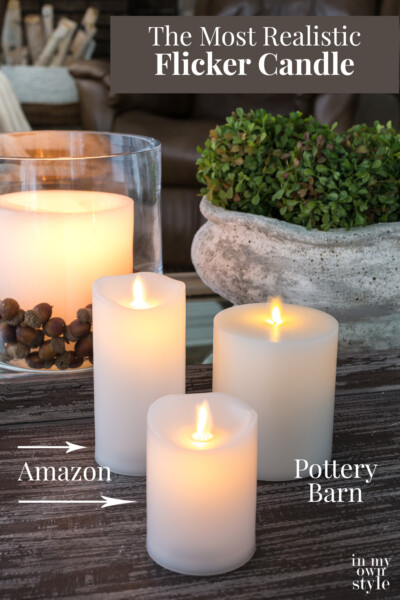 3 flicker candles on a table. Text overlay says The Most Realistic Flicker Candle
