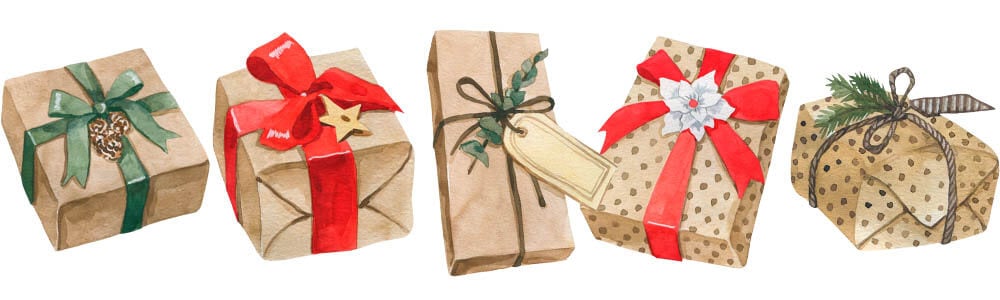 Row of watercolored Christmas presents