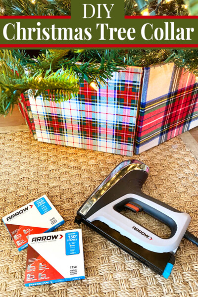 Plaid Fabric Christmas tree collar using a staple gun