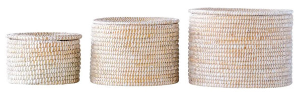 set of 3 round lidded baskets that vary in size.