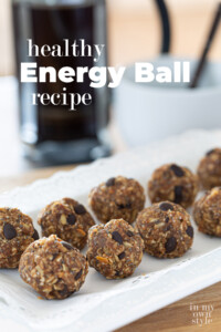 Rows of oatmeal chocolate chip energy balls on a plate. Text overlay says healthy energy ball recipe.