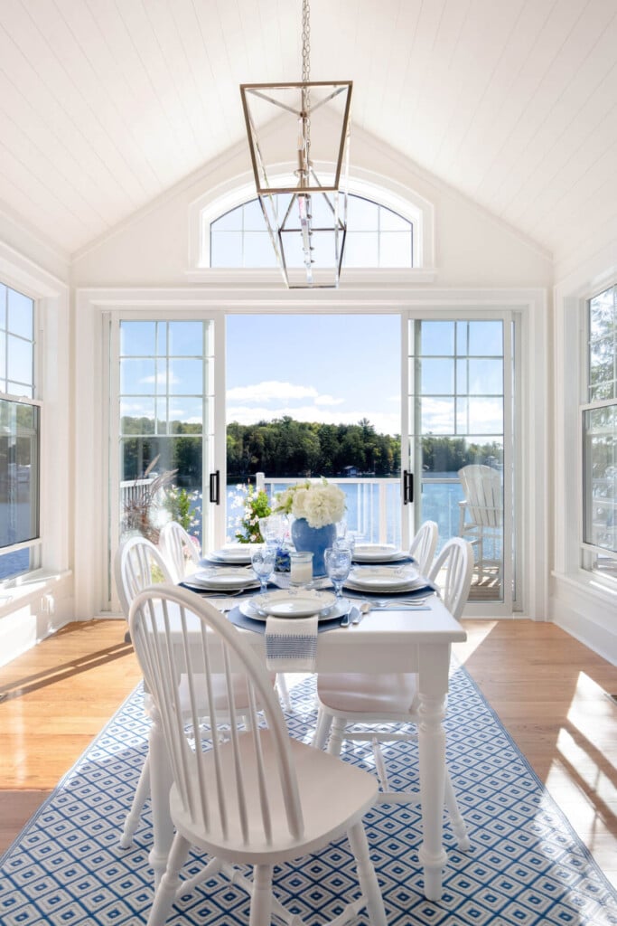 blue and white decorated lake house