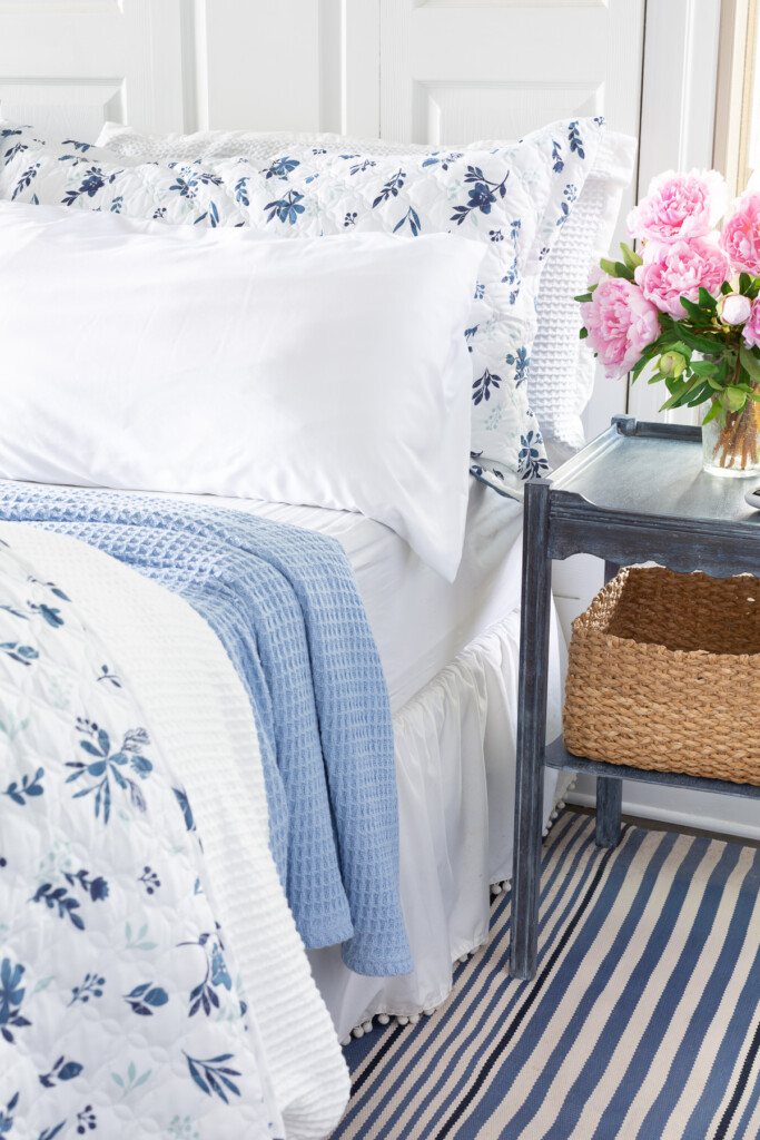 master bedroom blue and white decor