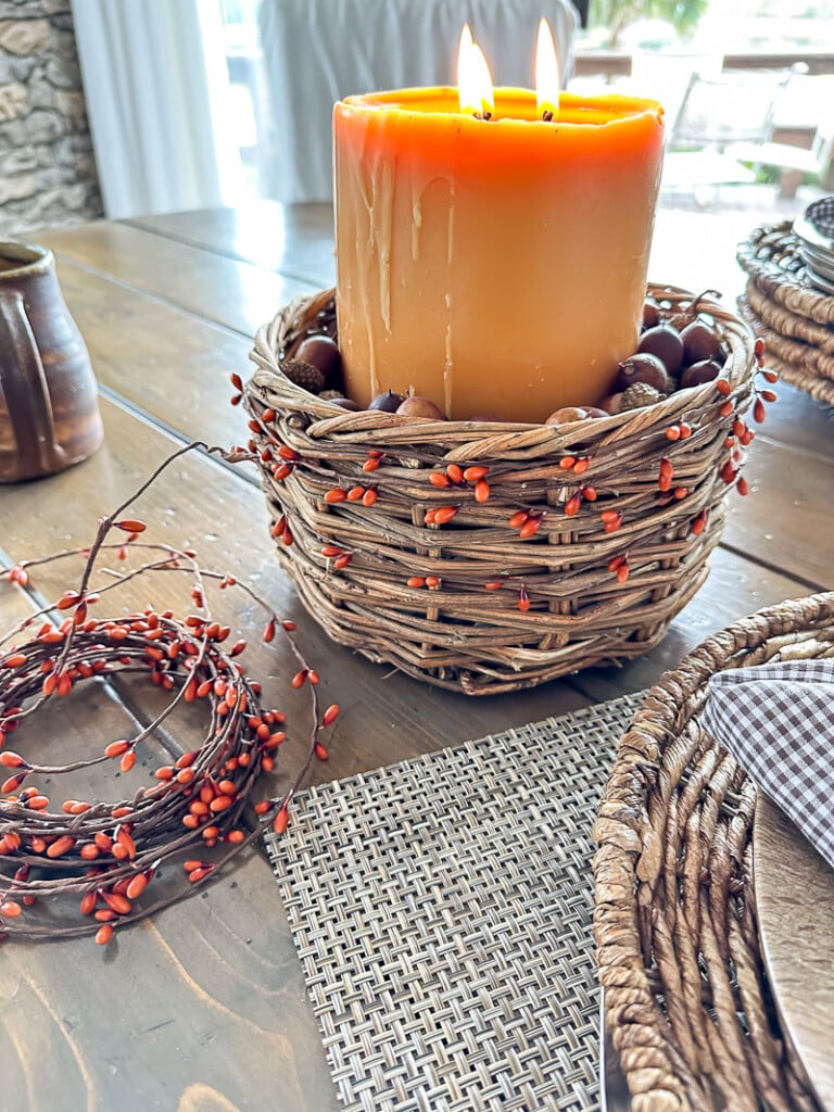 Other decorative uses for fall berries on wire. Place around wicker basket.