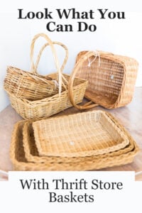a collection of natural wicker baskets spread out on a table.