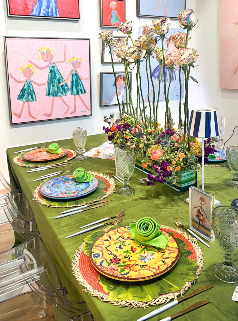 Splatter painted roses on an table centerpiece for a charity luncheon.