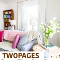 Pretty living room with new TwoPages Ready-Made lined drapes at the window.