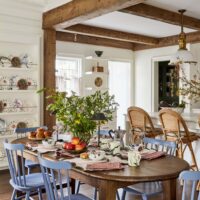 cheery rustic kitchen with stained dining table and blue chairs