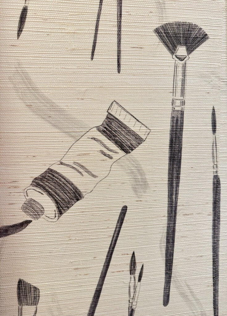 paint tubes and brush black and white illustration wallpaper in Southern Living Idea House- Charlottesville