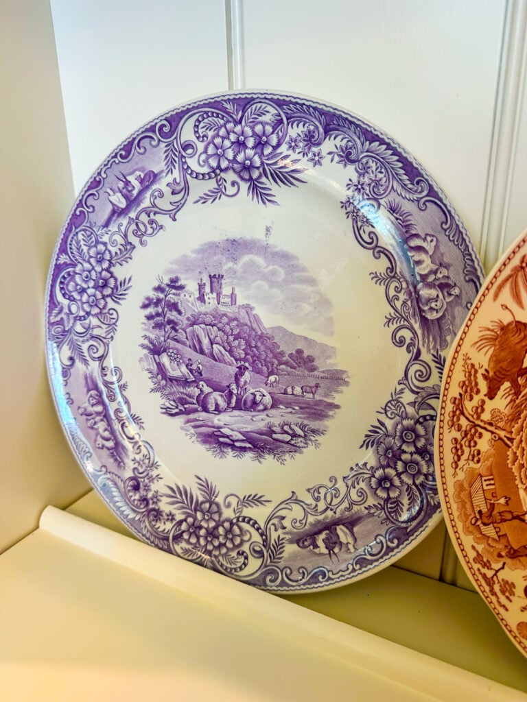 purple transferware plate on plate wall at the Southern Living Idea House in VA