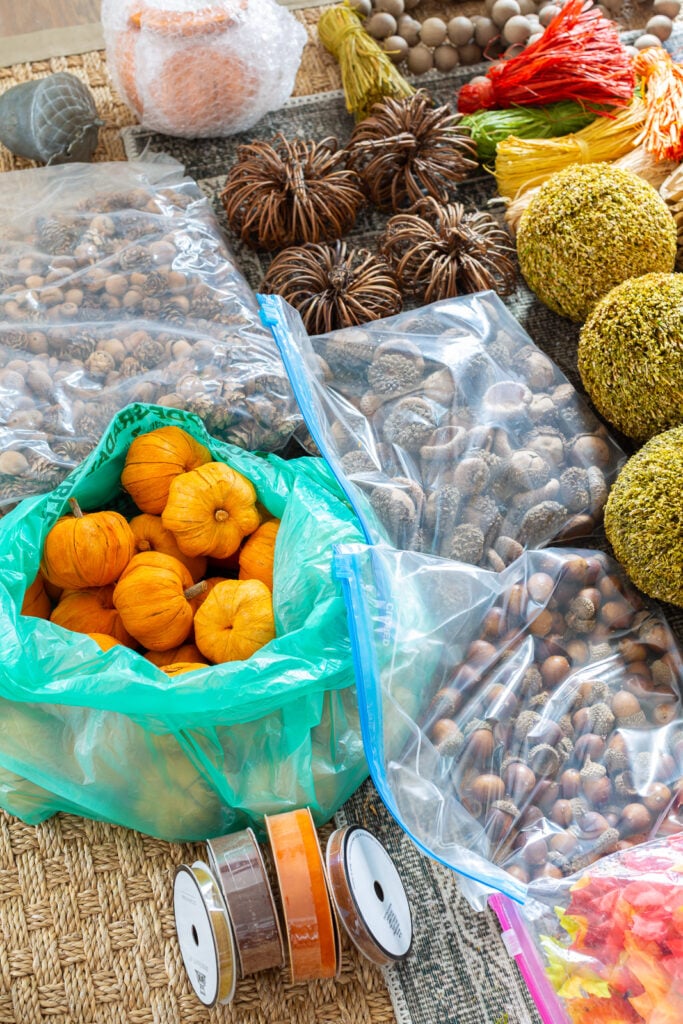 The contents of a storage bin showing all the fall decor I have and will come up with new ideas on how to use and display it all.
