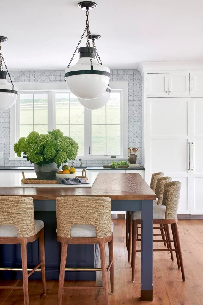 White kitchen with blue accents.