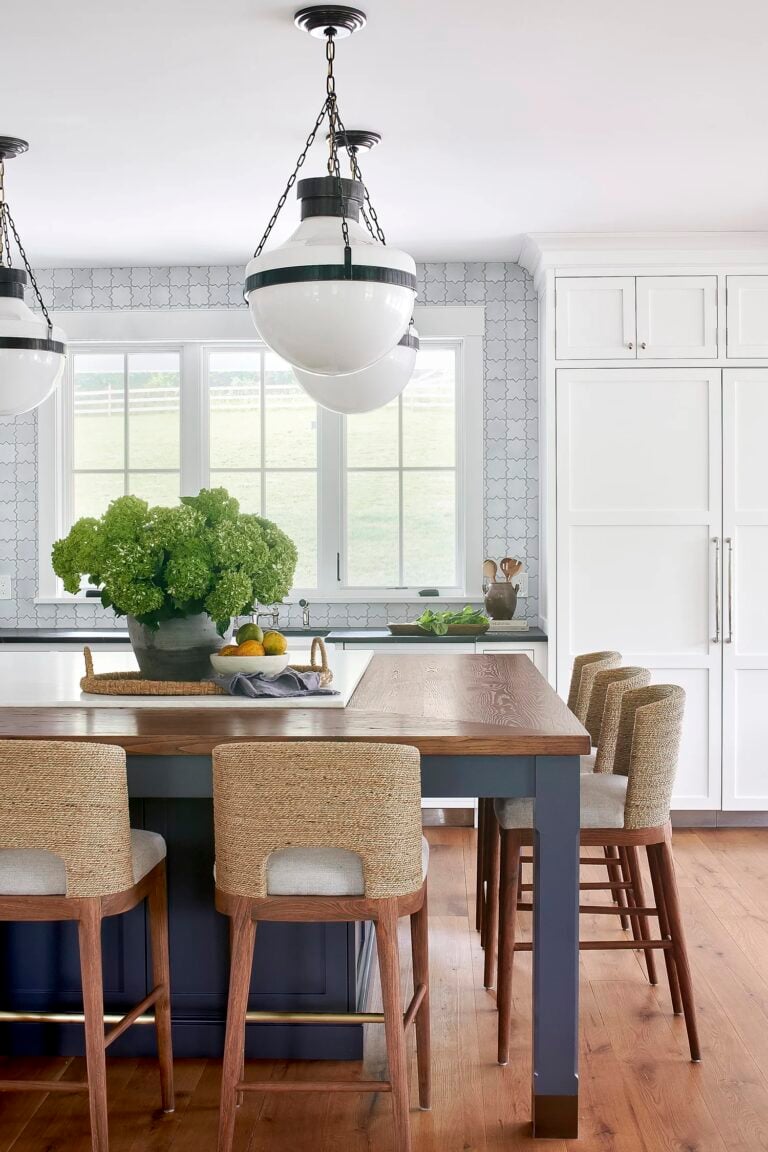White kitchen with blue accents.