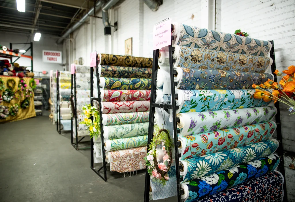 fabric on rolls at a fabric store
