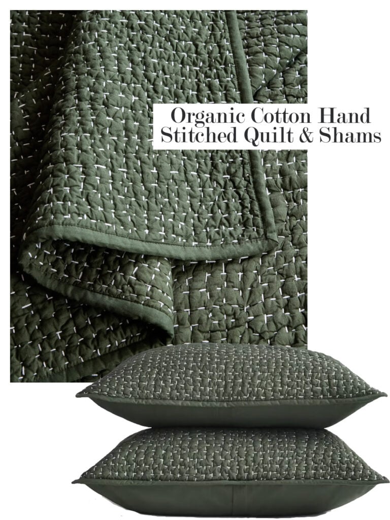 Quince Bedding Hand stitched quilt and pillow shams in the color pine.