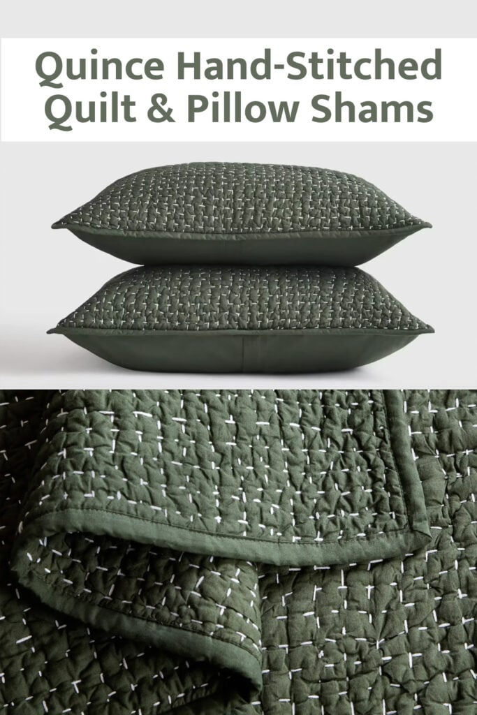 Quince Hand-stitched quilt and pillow shams in the color Pine