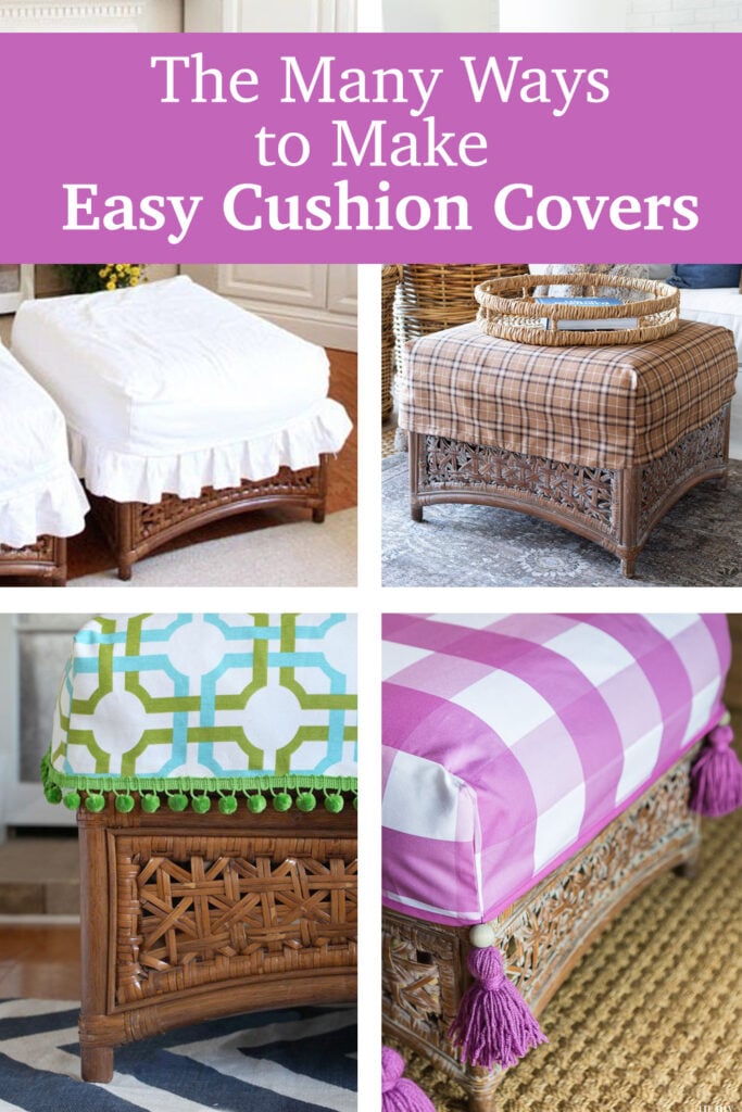 4 images showing the many ways to make easy cushion covers for ottomans and seating.