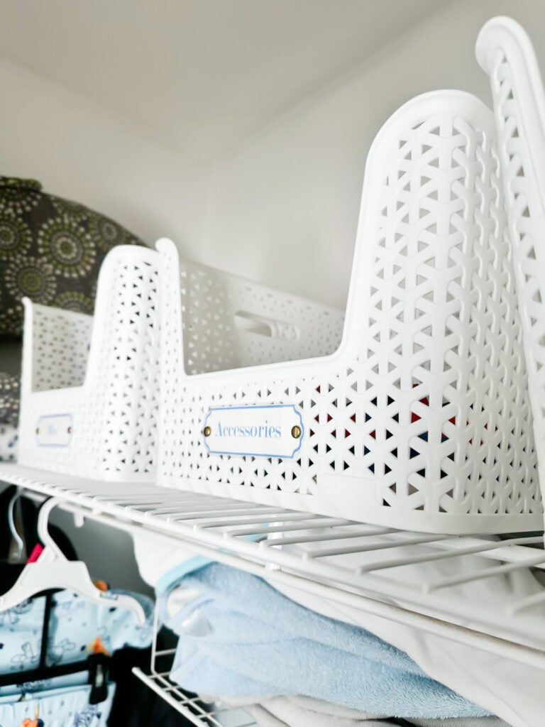 Baby Nursery Labels for Storage Baskets on a closet shelf.