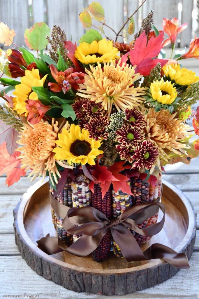 Indian corn vase centerpiece for Thanksgiving.