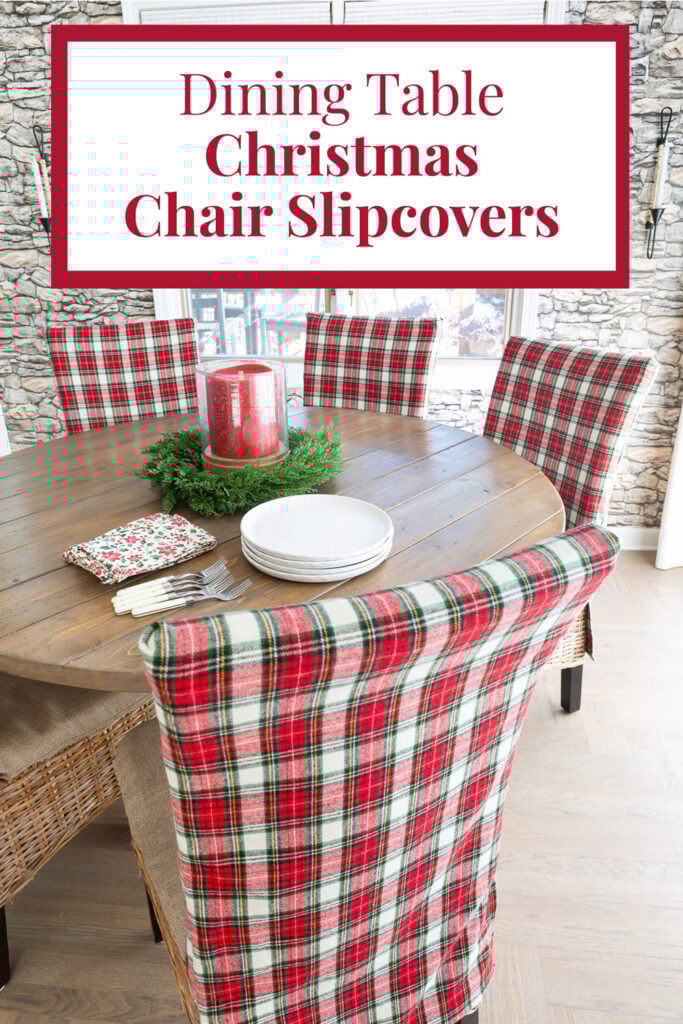 Round wood kitchen table with Christmas plaid fabric covered dining chairs around it. Overlay text says - Dining Table Christmas Chair Slipcovers