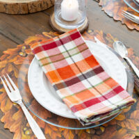 Thanksgiving table setting with a Hester & Cook fall leaves paper placemat and plaid napkin on glass plate.