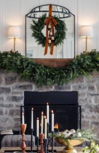 neutral warm Christmas decor on mantel