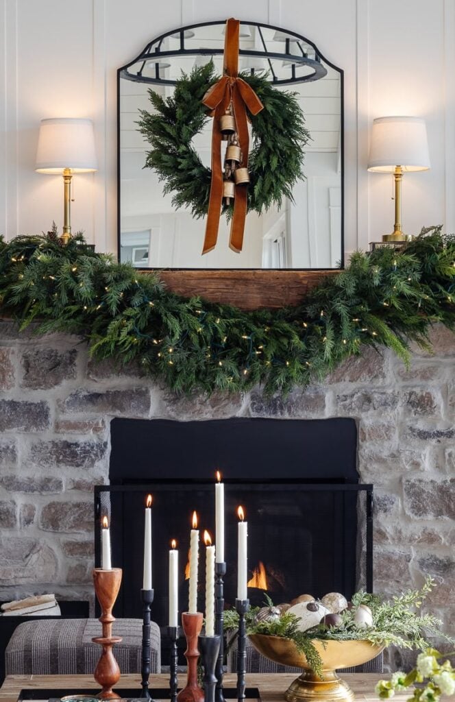 neutral warm Christmas decor on mantel