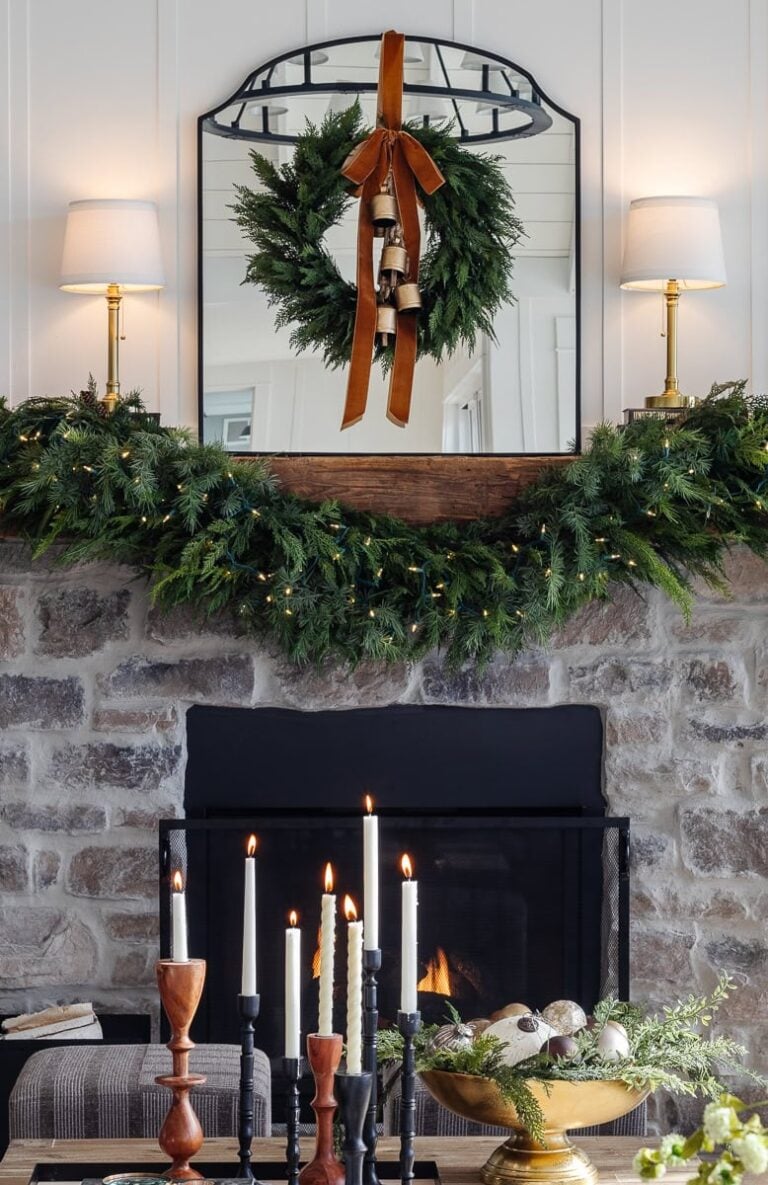 neutral warm Christmas decor on mantel
