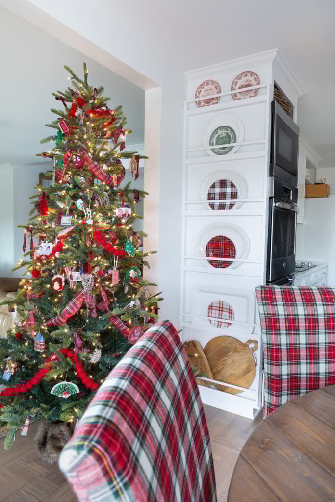 Christmas decorated plate wall in kitchen