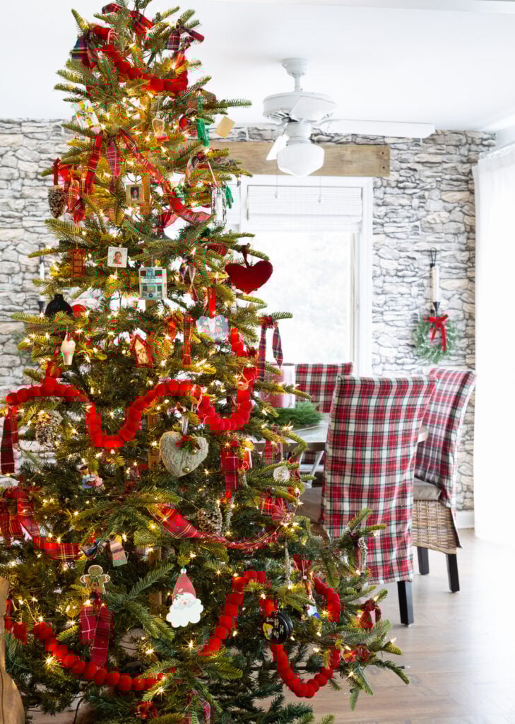 Looking into kitchen decorated for Christmas