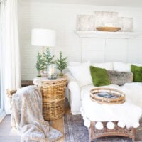 a calm and peaceful neutral decorated living room with green accents