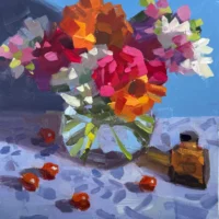 Painted flowers in a glass vase by Michael Wurm, Jr
