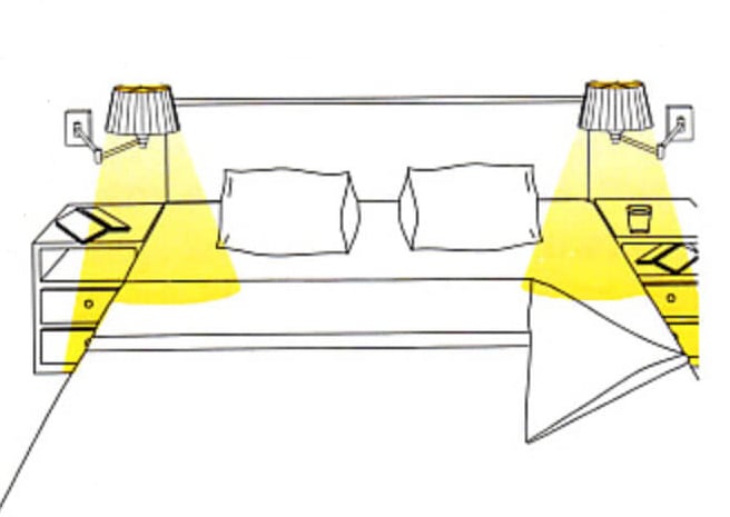 swing arm lamp lighting on both sides of a bed in a bedroom.