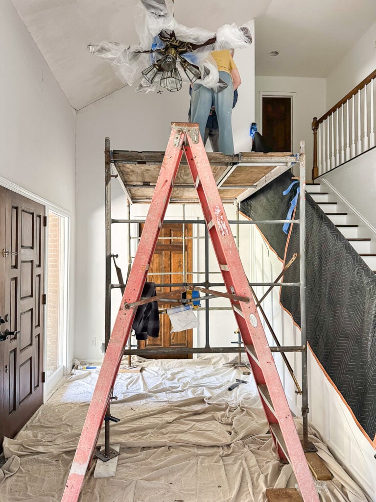 Popcorn ceiling removal in 2 story foyer