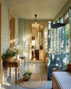 porch on an older home with mustard and teal accents