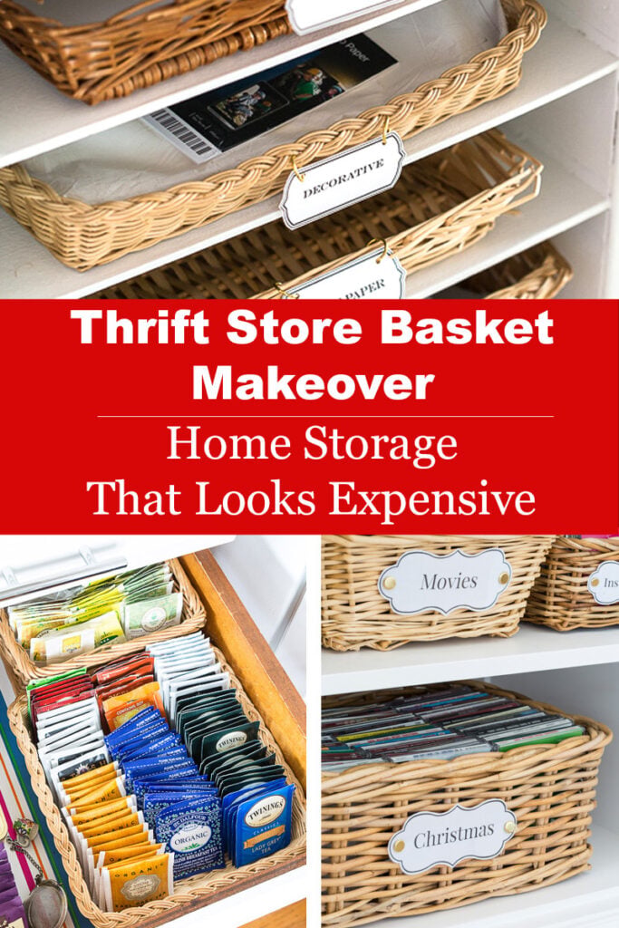 3 images showing thrift store basket makeovers