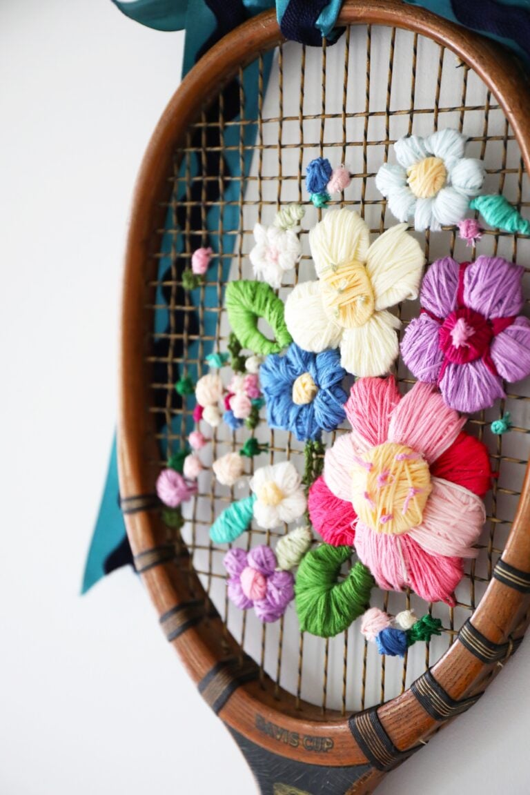 colorful, embroidered tennis racket craft