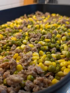 Shepherd's pie vegetables mixed evenly within the meat