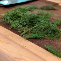 Freshly cut dill weed on a cutting board with a knife in the background