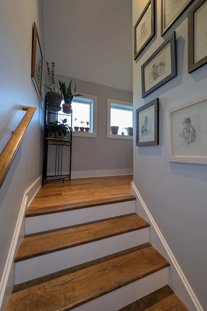Steps leading to a landing with windows
